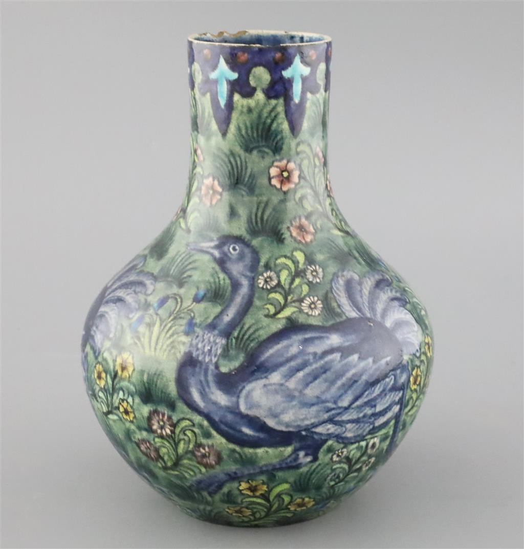 A rare William de Morgan Ostrich bottle vase, c.1888-97, painted by Joe Juster, 24cm high, 18cm wide